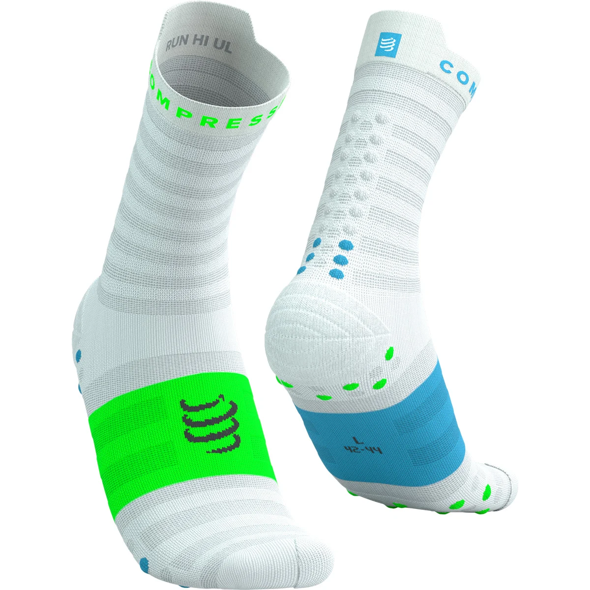 COMPRESSPORT PRO RACING SOCKS V4.0 ULTRALIGHT RUN HIGH WHITE/NORSE BLUE/NEON GREEN  - Running socks
