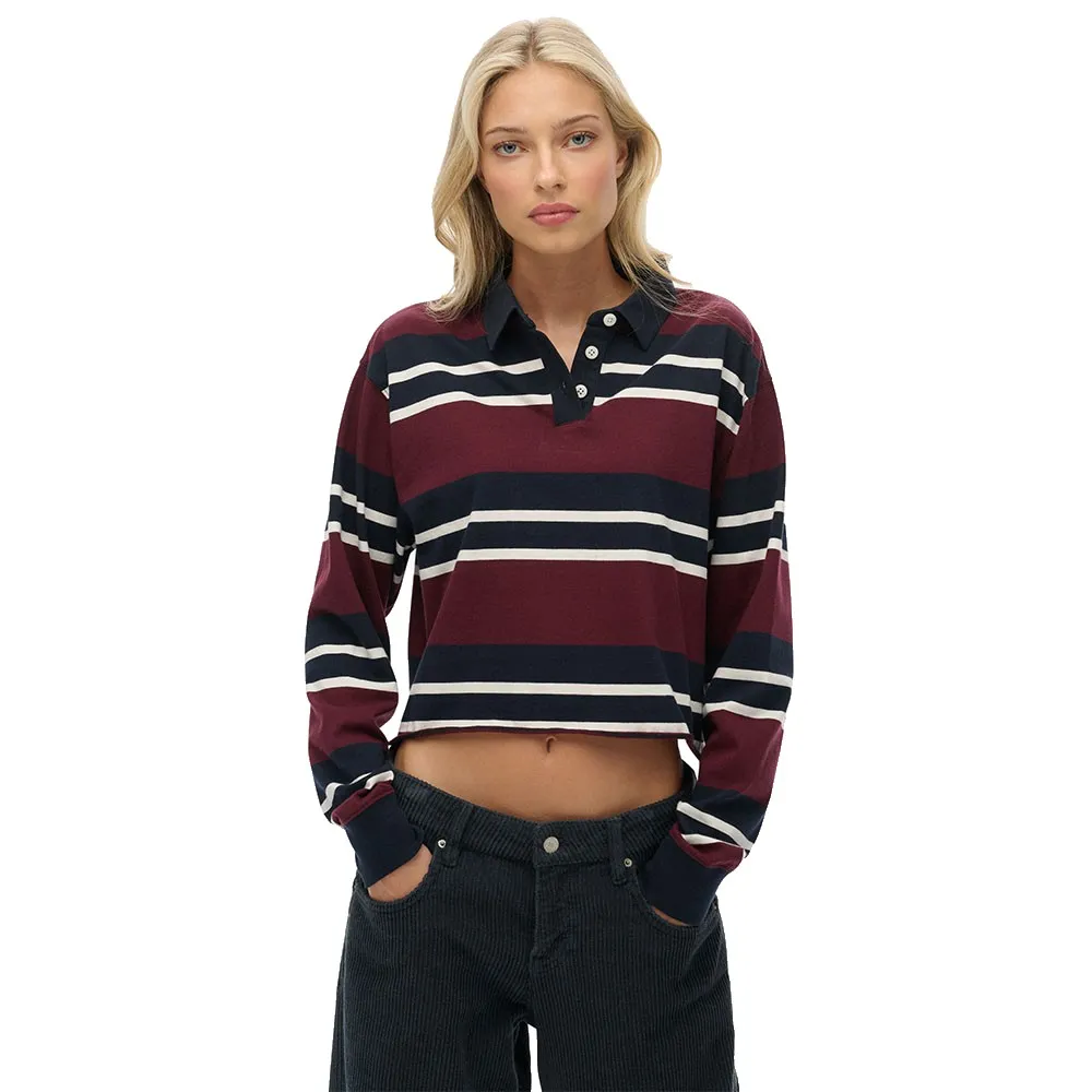 Superdry Athletic Essential Cropped Stripe Rugby long sleeve polo